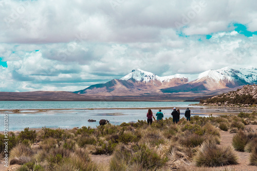 Rainy landscape of Chungara lake in the Andes mountain range