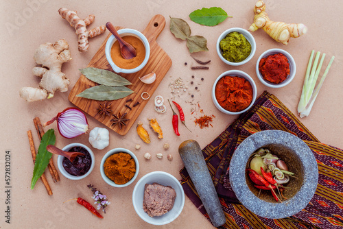 Assortment of  Thai food Cooking ingredients spice taste ,healthy and delicious foods.