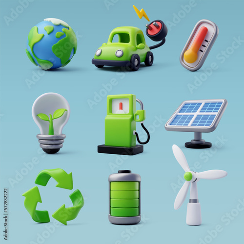 3d Vector Green Energy icon set, Green Energy, Clean Energy, Environmental Alternative Energy Concept.