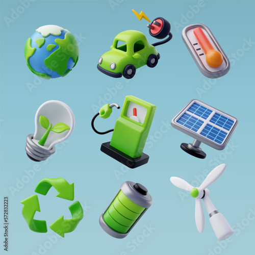 3d Vector Green Energy icon set, Green Energy, Clean Energy, Environmental Alternative Energy Concept.