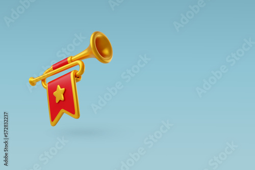 3d Vector Fanfare, Gold trumpet, Musical Medieval Instrument for Ceremony.