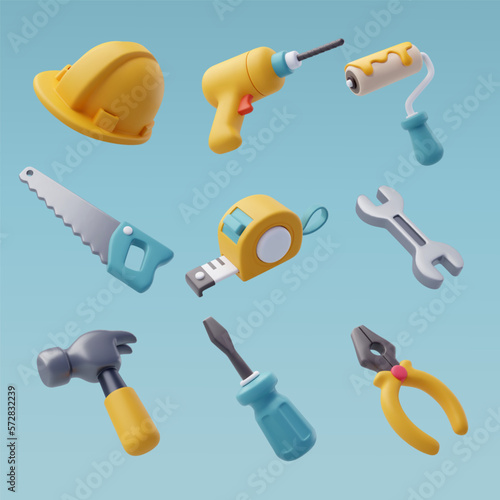 3d Vector of Construction tools icon set, industrial and worker equipment.