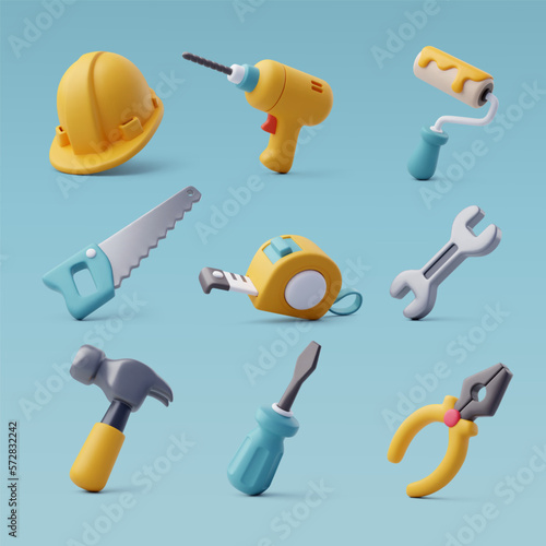 Fotografia, Obraz 3d Vector of Construction tools icon set, industrial and worker equipment