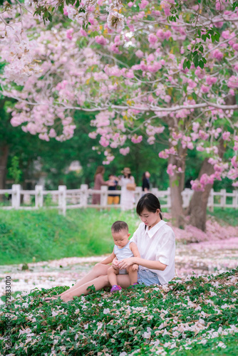 Happiness Mother and baby in pink flower park Tabebuia rosea garden © samurai