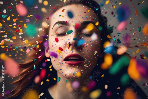 A person surrounds by colorful confetti festive background. Generative AI