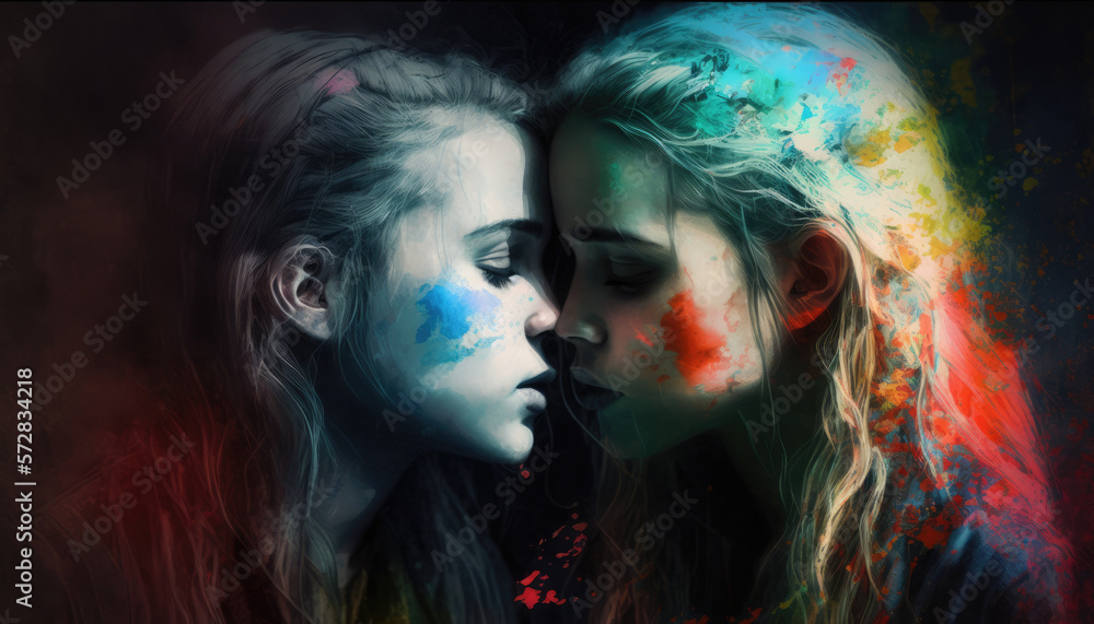Young lesbian couple in their intimate moment. Generative AI Young lesbian couple in their intimate moment. Generative AI