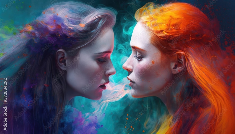 Young lesbian couple in their intimate moment. Generative AI Young lesbian couple in their intimate moment. Generative AI