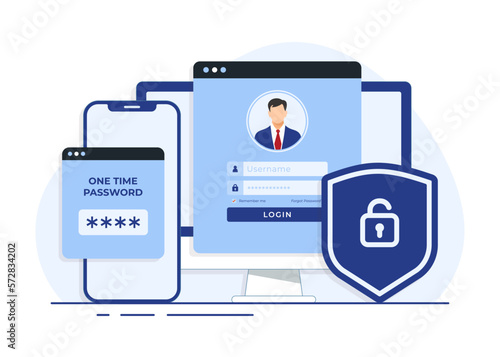 Log in to a website or app using two-step flat illustration concept for landing page, web banner, mobile app, 