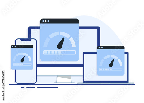 Smartphone, laptop and computer with internet connection speed test on the screen, Internet download speed, and network performance on web page flat illustration 