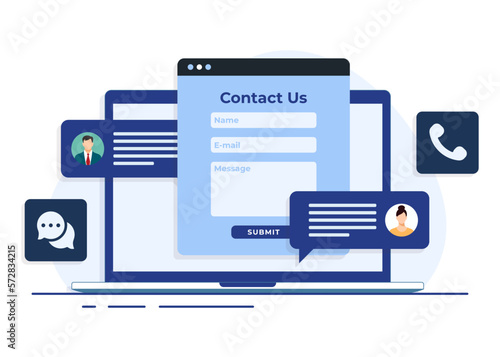 Contact us form on laptop screen with message bubbles flat illustration for web banner, mobile app, business presentation, advertising material, Customer support, customer service, online support, hel