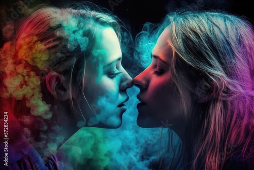 Young lesbian couple in their intimate moment. Generative AI © Adriana