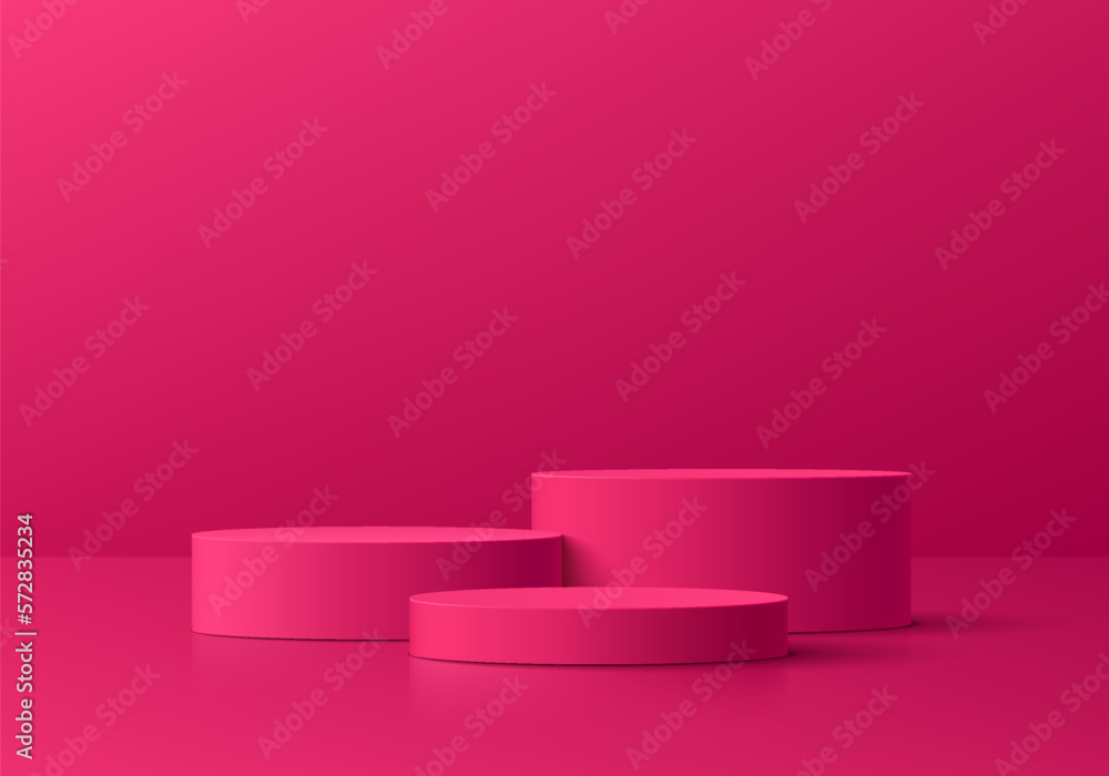 Pink red 3D background with realistic cylinder pedestal podium set in empty studio room. Luxury minimal wall scene mockup product display. Abstract geometric platforms design. Round stage showcase. Pink red 3D background with realistic cylinder pedestal podium set in empty studio room. Luxury minimal wall scene mockup product display. Abstract geometric platforms design. Round stage showcase.