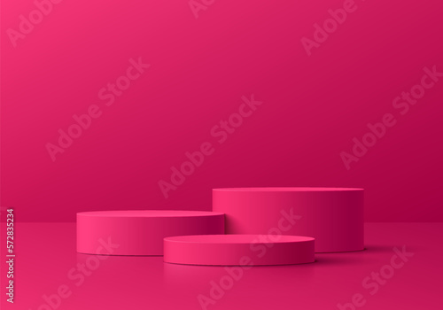Pink red 3D background with realistic cylinder pedestal podium set in empty studio room. Luxury minimal wall scene mockup product display. Abstract geometric platforms design. Round stage showcase.