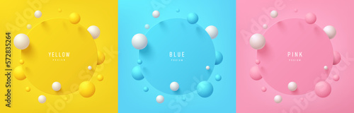Set of yellow, blue, pink, white 3d circle pedestal podium in top view background. bouncing white and colorful ball scene. Minimal mockup product display. Abstract geometric platforms. Stage showcase.