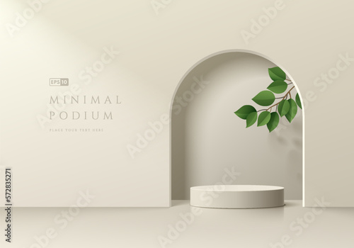 beige, cream 3D background with realistic cylinder pedestal podium, arch gate and green leaf. Luxury minimal wall scene mockup product display. Abstract geometric platforms. Round stage for showcase.