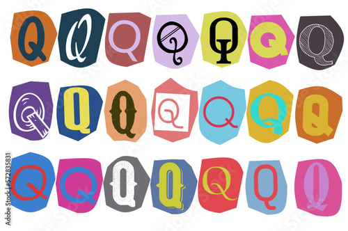 Alphabet Q - vector cut newspaper and magazine letters, paper style ransom note letter