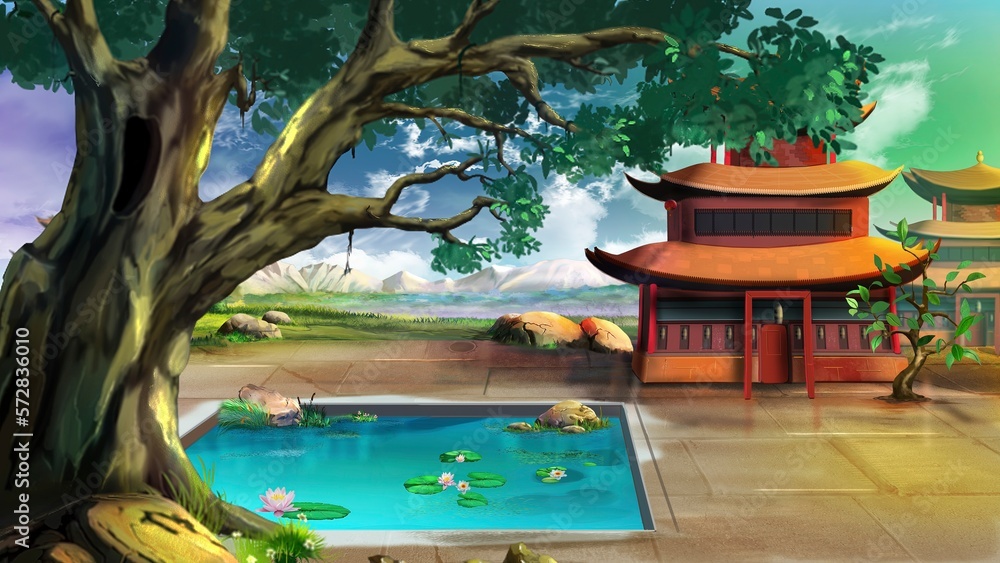 Fototapeta premium Asian Courtyard on a sunny day. Digital Painting Background, Illustration.