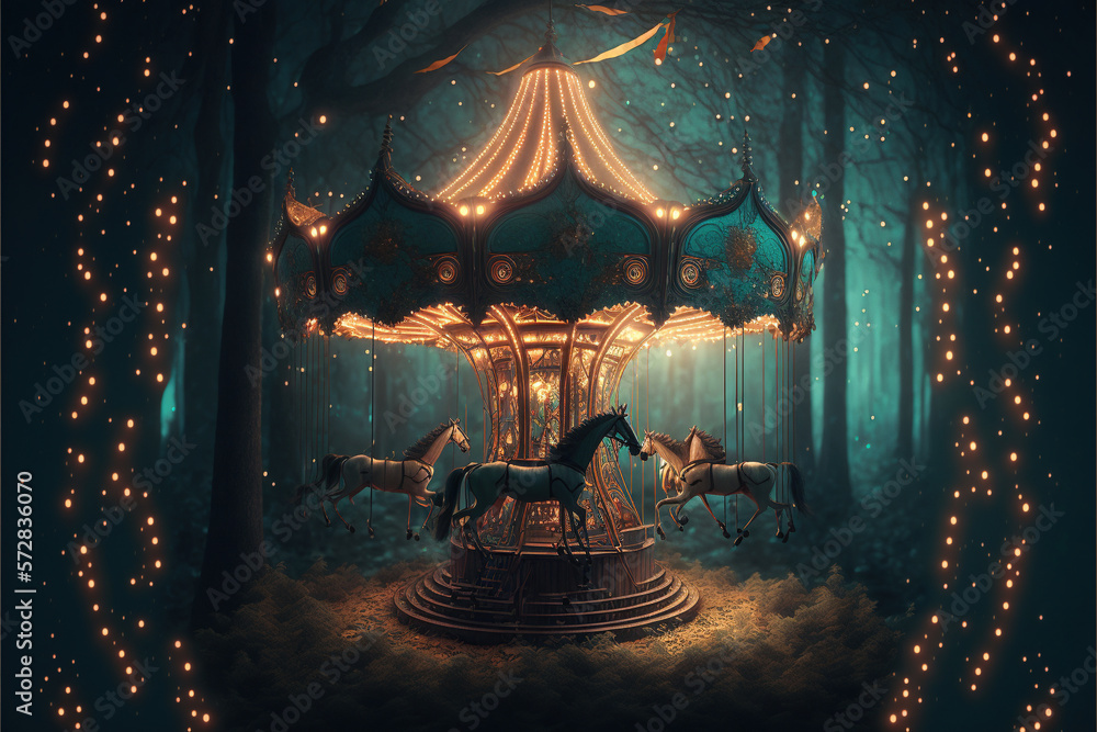 magical carousel in enchanted forest - obrazy, fototapety, plakaty 