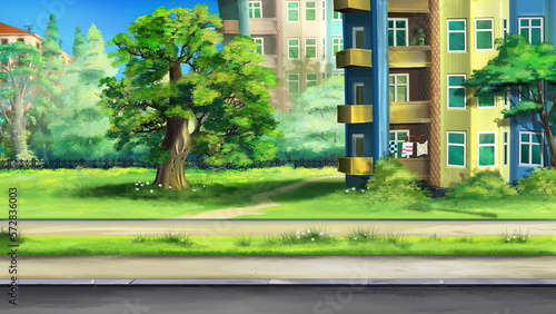 Houses on the street of a small town on a sunny day. Digital Painting Backgro...