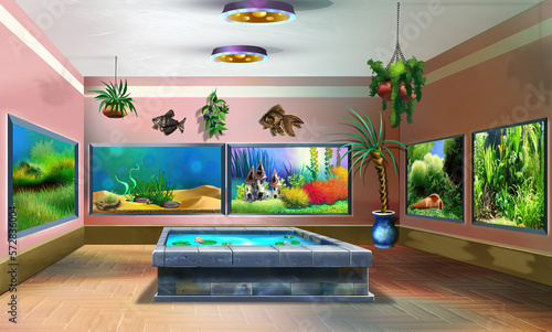 Aquarium fish shop interior. Digital Painting Background, Illustration.