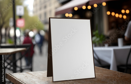 Empty white paper frame poster for mockup on wooden table with blurred outdoor restaurant background for menu, advertising, design, sign