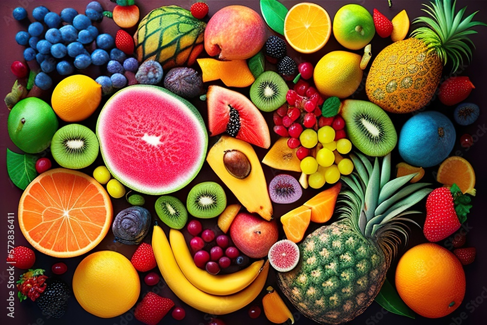 Fruits and vegetables combine healthy foods in top view with vintage