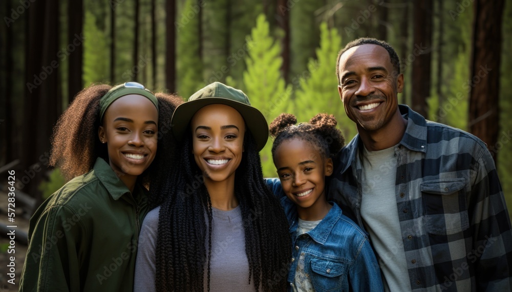 Obraz premium Beautiful Portrait of African American family smiling at a National Forests in beautiful springtime : A Celebration of Happiness and Nature's Beauty (generative AI)