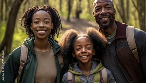 Beautiful Portrait of African American family smiling at a Nature Preserves and Hiking Trails in beautiful springtime : A Celebration of Happiness and Nature's Beauty (generative AI)