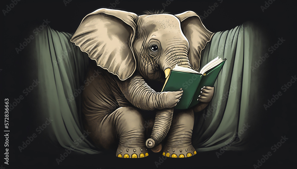 elephant reading book on sofa, learning and knowladge concept, Generative ai