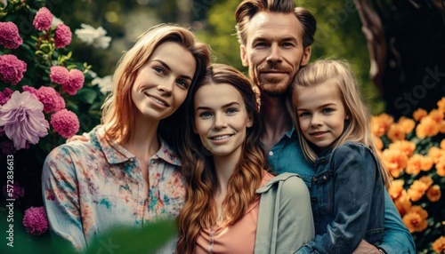 Beautiful Portrait of Caucasian family smiling at a Botanical Gardens in beautiful springtime : A Celebration of Happiness and Nature's Beauty (generative AI)
