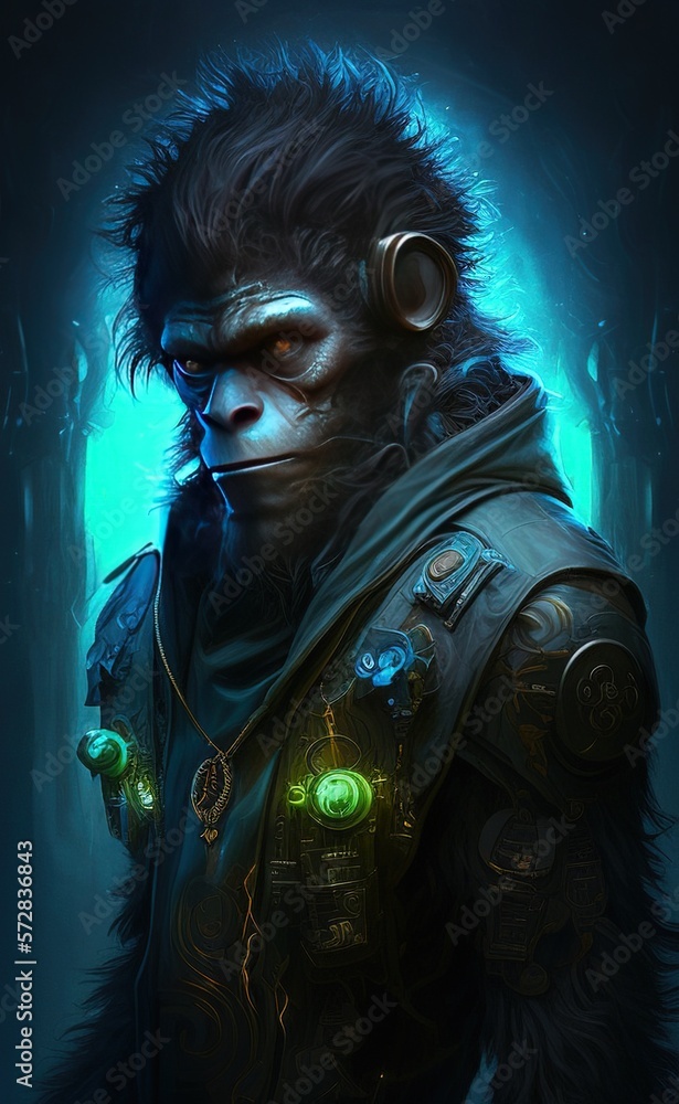 The cyberpunk ape illustration depicts a futuristic primate with technological enhancements such as neon implants and cybernetic limbs, set against a dystopian cityscape The cyberpunk ape illustration depicts a futuristic primate with technological enhancements such as neon implants and cybernetic limbs, set against a dystopian cityscape