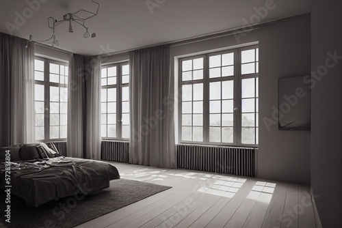 Modern luxery scandinavian design. Luxery apratment bedroom cozy with light from the window. feeling comfort with wooden mockup.Generative AI