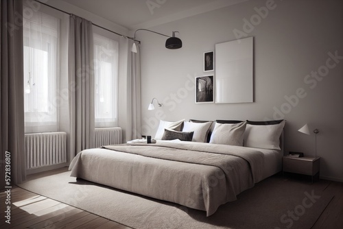 Modern luxery scandinavian design. Luxery apratment bedroom cozy with light from the window. feeling comfort with wooden mockup.Generative AI