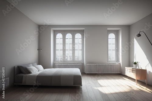 Modern luxery scandinavian design. Luxery apratment bedroom cozy with light from the window. feeling comfort with wooden mockup.Generative AI