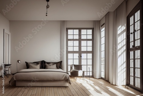 Modern luxery scandinavian design. Luxery apratment bedroom cozy with light from the window. feeling comfort with wooden mockup.Generative AI