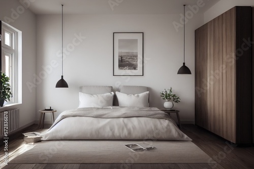 Modern luxery scandinavian design. Luxery apratment bedroom cozy with light from the window. feeling comfort with wooden mockup.Generative AI