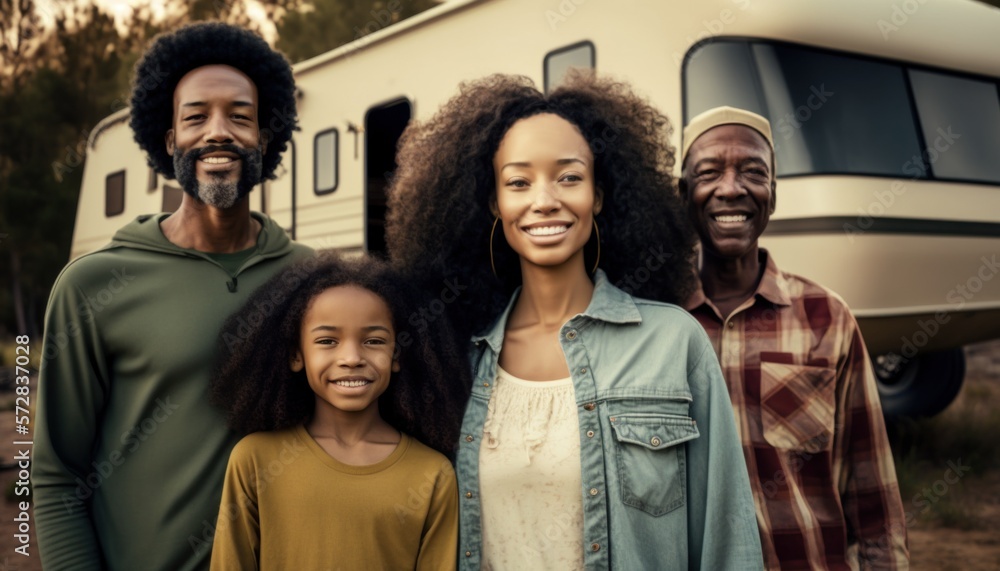 Fototapeta premium Beautiful Portrait of Multiracial family smiling at a Campsites and RV Parks in beautiful springtime : A Celebration of Happiness and Nature's Beauty (generative AI)