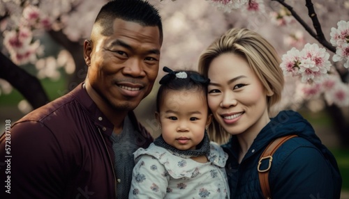 Beautiful Portrait of Multiracial family smiling at a Cherry Blossom Festivals in beautiful springtime : A Celebration of Happiness and Nature's Beauty (generative AI)