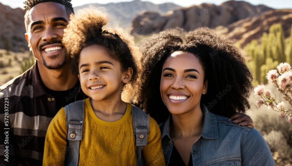 Beautiful Portrait of Multiracial family smiling at a Scenic Overlooks in beautiful springtime : A Celebration of Happiness and Nature's Beauty (generative AI)