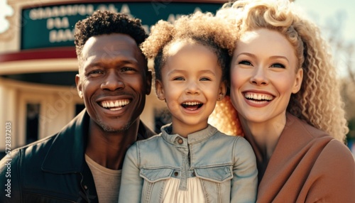 Beautiful Portrait of Multiracial family smiling at a Outdoor Theaters and Amphitheaters in beautiful springtime : A Celebration of Happiness and Nature's Beauty (generative AI)