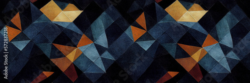 Abstract panoramic background. A picturesque ornament of multi-colored geometric shapes and a grainy texture in shades of dark blue and orange.