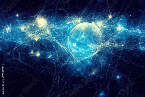 Beautiful abstract background. Blue shapes and bright lines on a dark background. Image to illustrate relationships  social networks  communications  telecommunications and space. Generative AI.