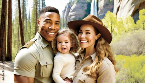 Beautiful Portrait of Multiracial family smiling at a State or National Parks in beautiful springtime : A Celebration of Happiness and Nature's Beauty (generative AI)
