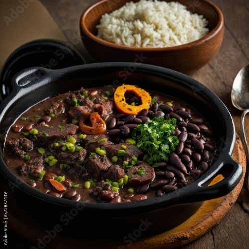 tradicional feijoada brasileira com linguiça, porco, bacon, arroz e feijão preto. GENERATIVE AI