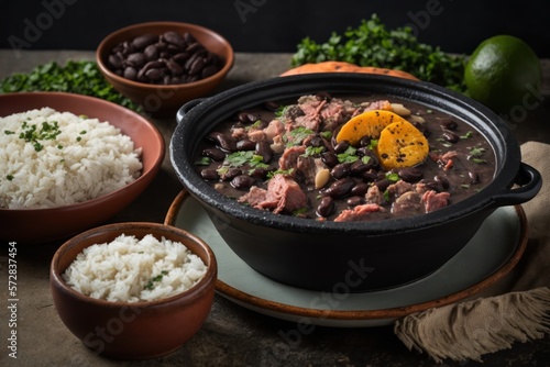 feijoada with black beans with pepperoni bacon and jerky. Traditional Brazilian food. Concept generated in Ai. © nishihata