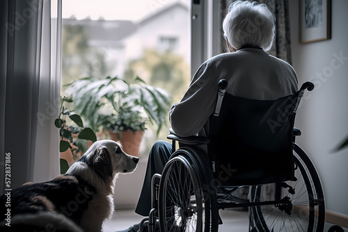 Sad elderly Senior person in wheelchair in nursing home looking out window with pet dog. Concept friendship animal and people. Generation AI © Adin