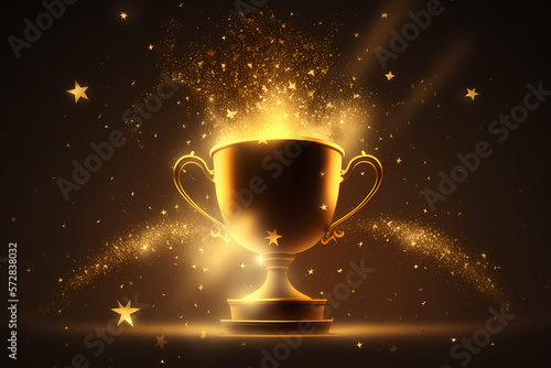 Cup Champion golden prize with splash of stars on dark background with sun light. Generation AI
