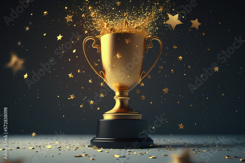 Cup Champion golden prize with splash of stars on dark background with sun light. Concept winner award. Generation AI