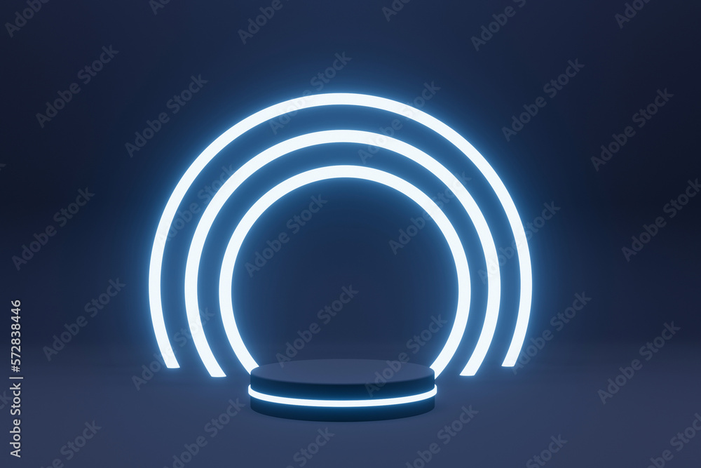 Obraz premium Empty podium with line gradient neon ring on background. 3d render. illustration with abstract scene with neon frame