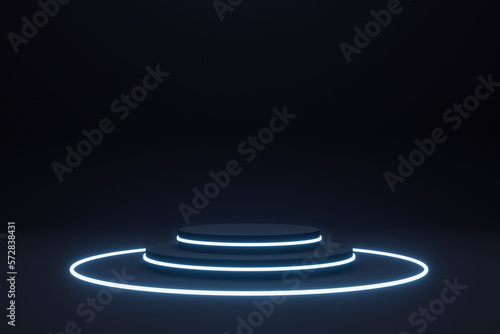 Dark Stage For Product Presentation And Glossy Podium Or Pedestal. 3d rendering